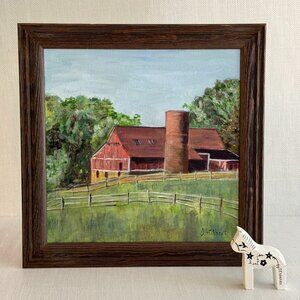 Wood Framed Original Barnyard Acrylic Painting Signed